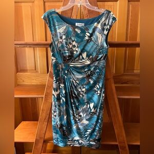 Dressbarn Petite 6 Blue Abstract Ruched Sleeveless Sheath Dress